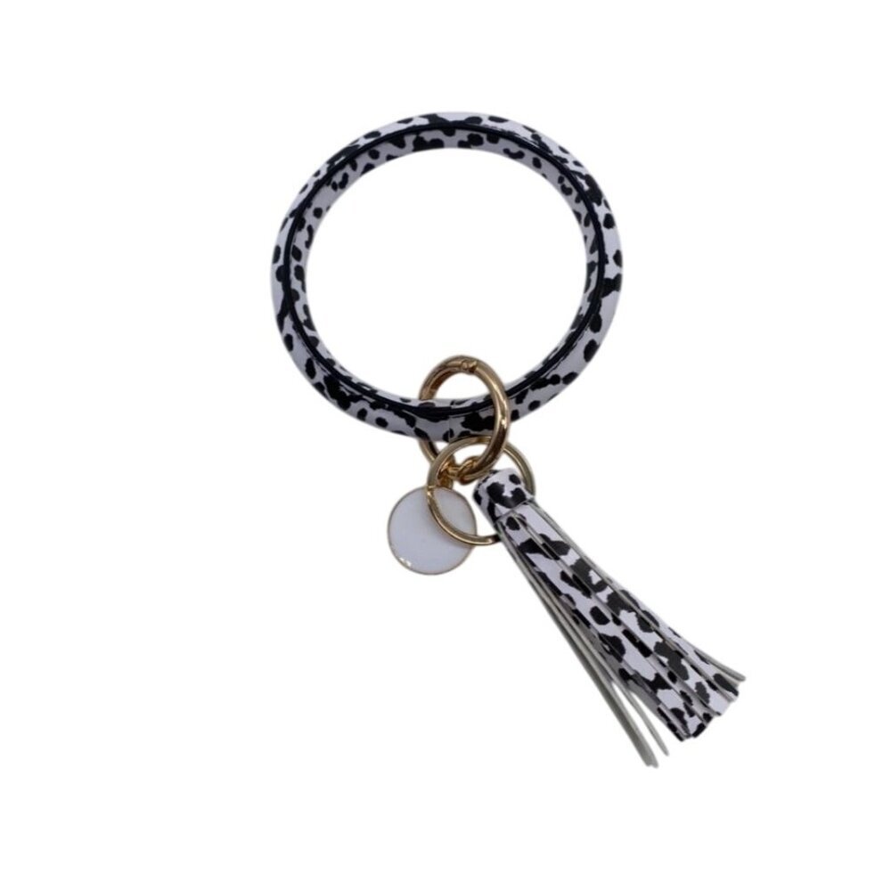 White Leopard Print Leather Tassel Bangle Keychain W/ Gold Charm & Ring Wrislet‎
